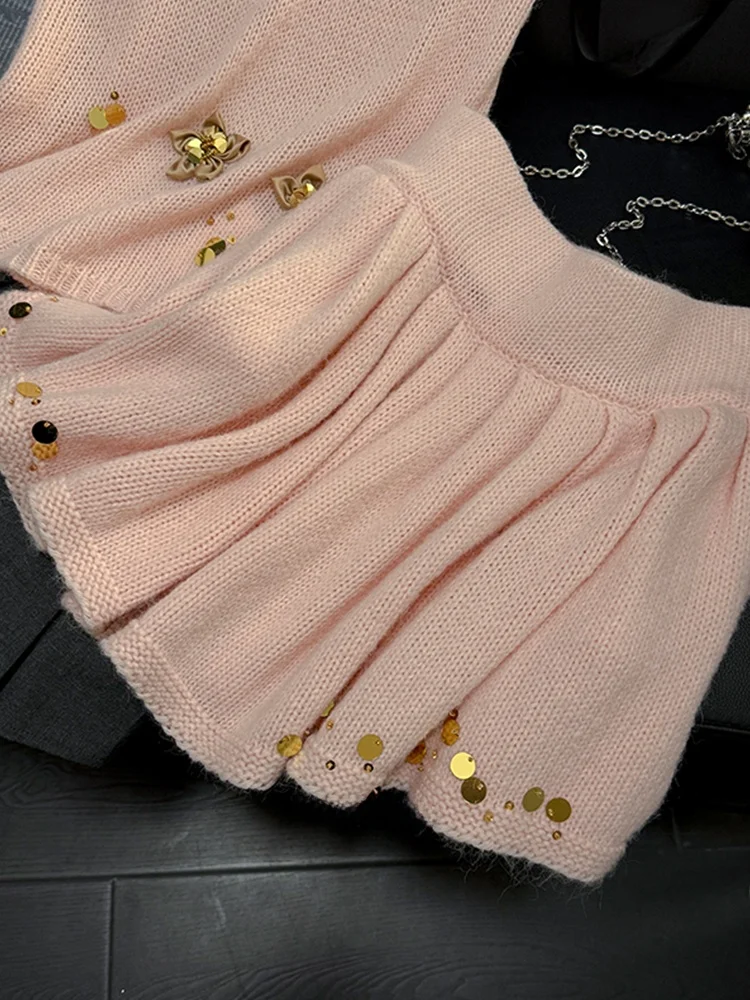 Conjunto de colete e saia de malha artesanal, cintura alta, plissado, duas peças, coleção outono feminina, sle francês, redondo, ne