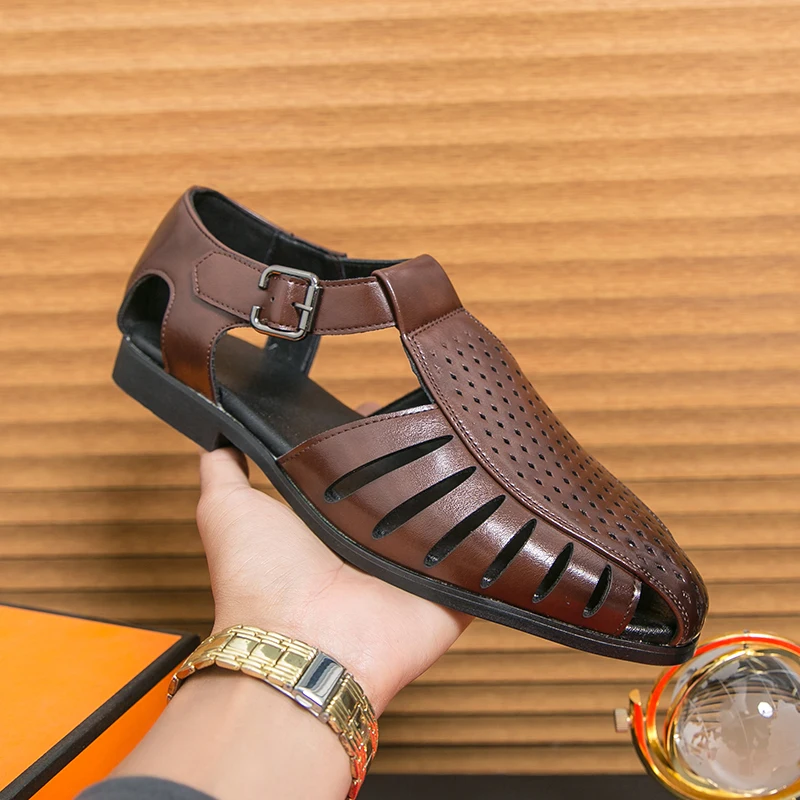 

Summer Retro Men Shoes Black Brown Outdoor Casual Comfortable Perforated Breathable Fashionable Sandals Size 38-46 Men Sandals