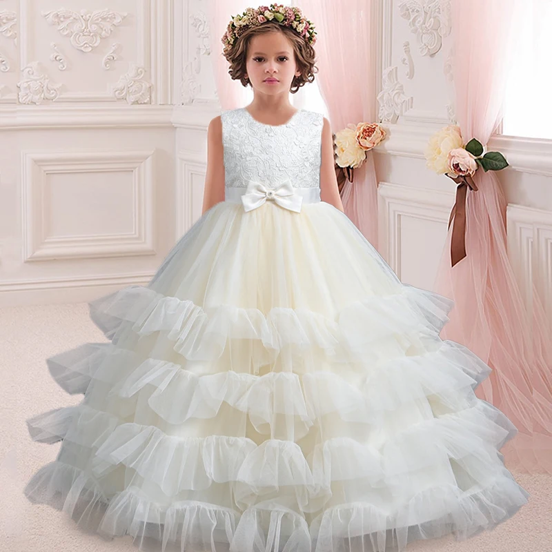 2024 girls\' white girl long wedding dress evening dress sequin lace graduation ball performance dress clothing 4-12 year old