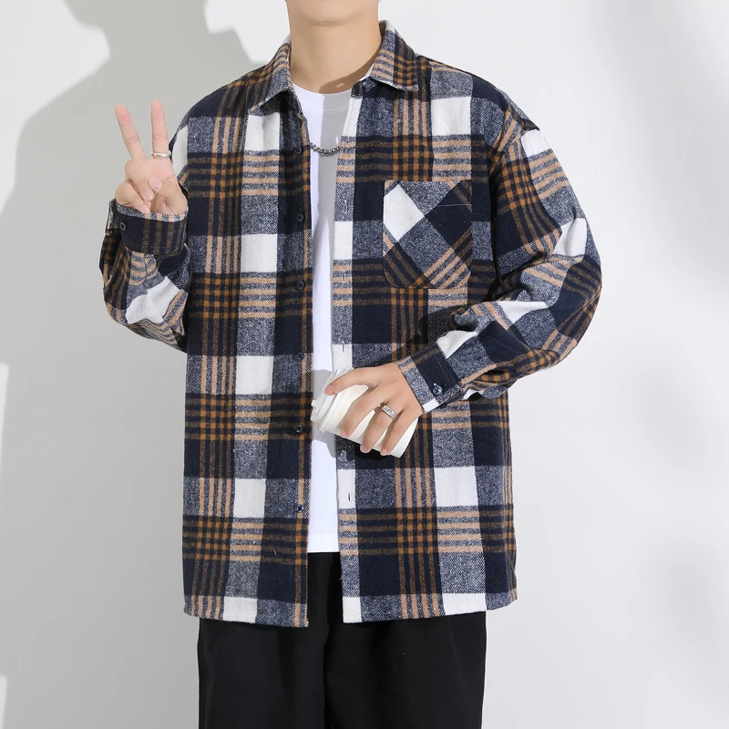 

Casual Men's Plaid Cotton Shirts 2024 Spring Autumn Long Sleeve Tops Woolen Coats Youth Streetwear Loose Button Checker Jackets