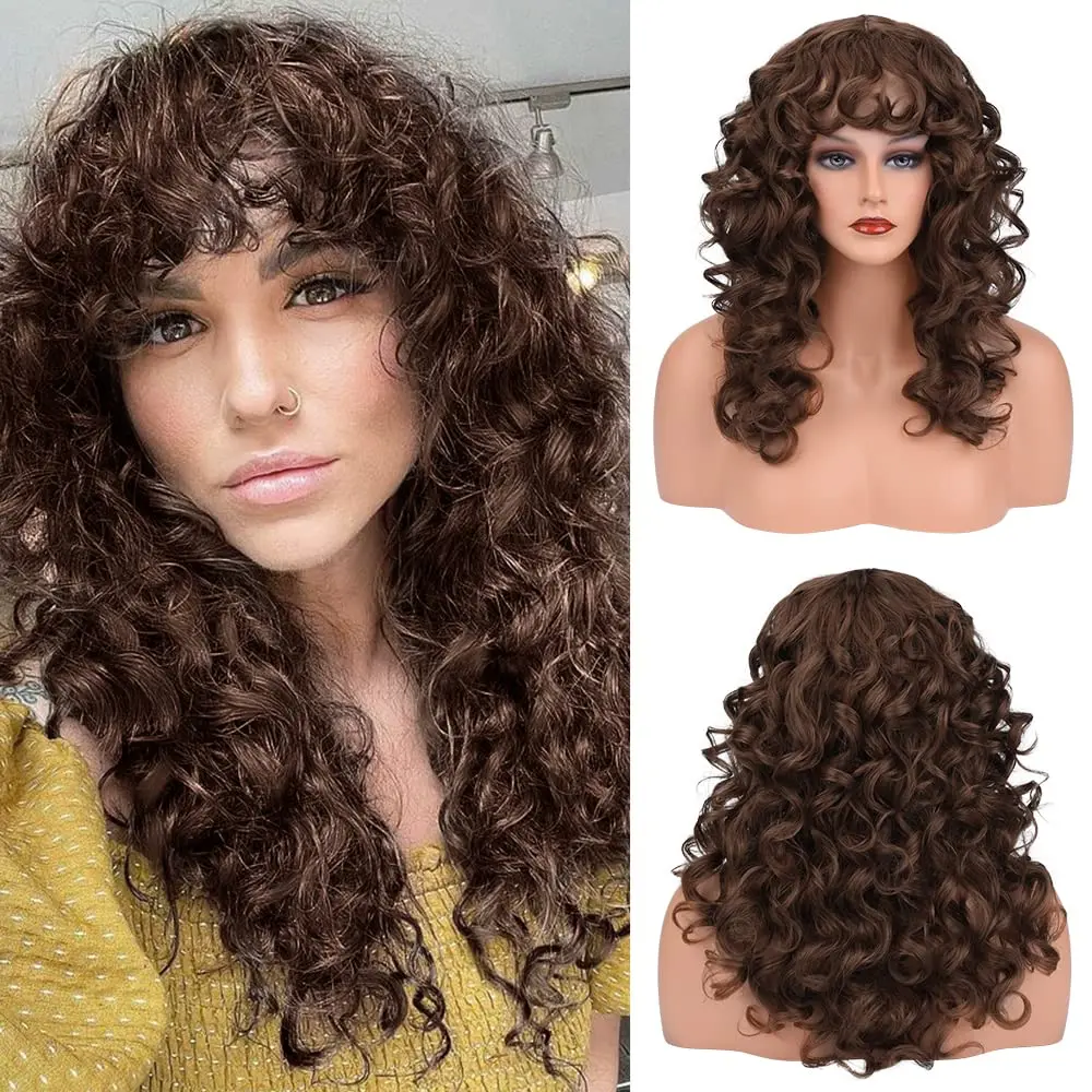 Long Curly Wig With Bangs Brown Black Shag Haircuts Hair Synthetic Replacement Wigs For Women Daily Use Cosplay 20 22 24inch