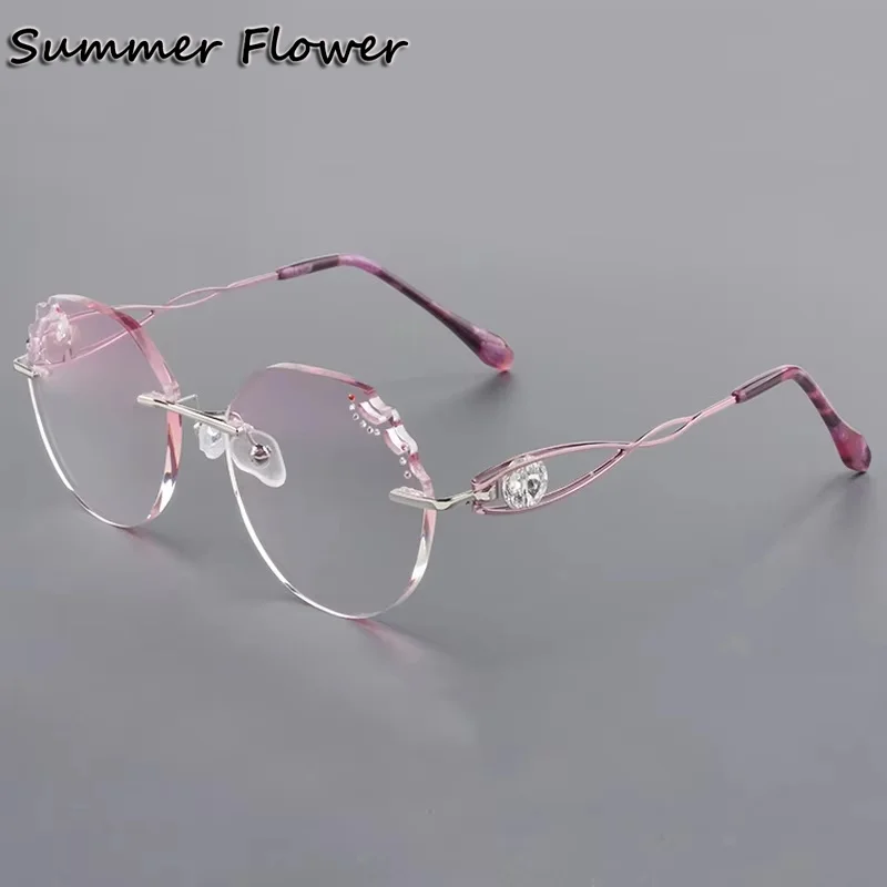 

Prescription Glasses Women Titanium Rhinestones Tint Color Lenses Fashion Eyeglasses Frames Recipe Rimless Eyewear Gafas