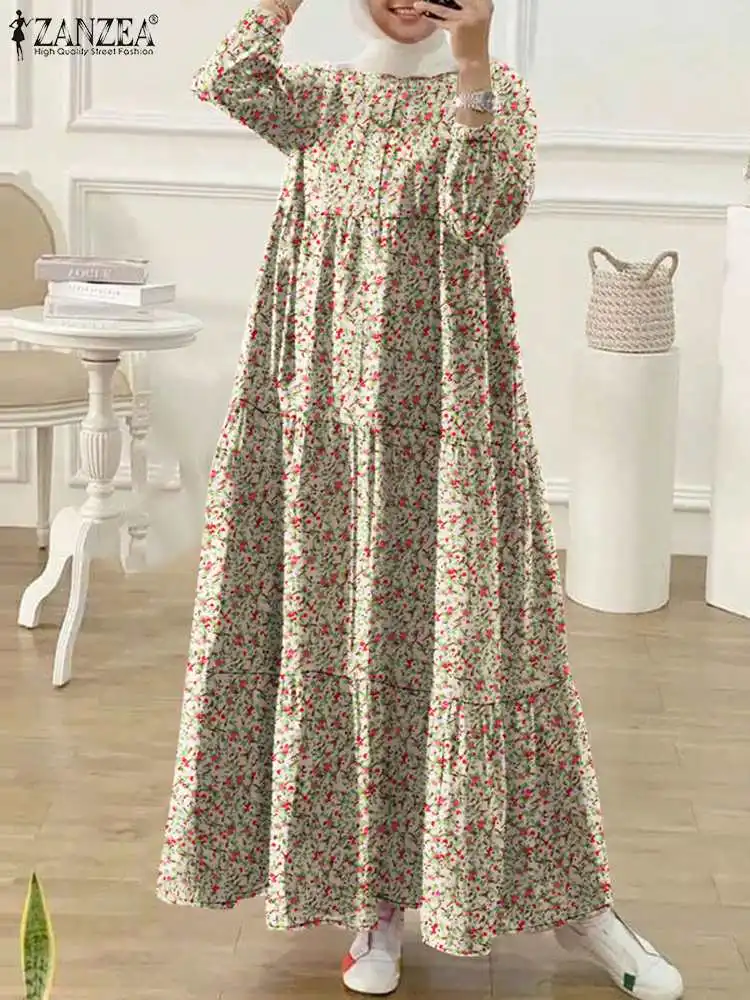 ZANZEA-Vestidos largos con estampado Floral para mujer musulmana, Túnica Abaya con cuello redondo, Hijab islámico, informal, de manga larga