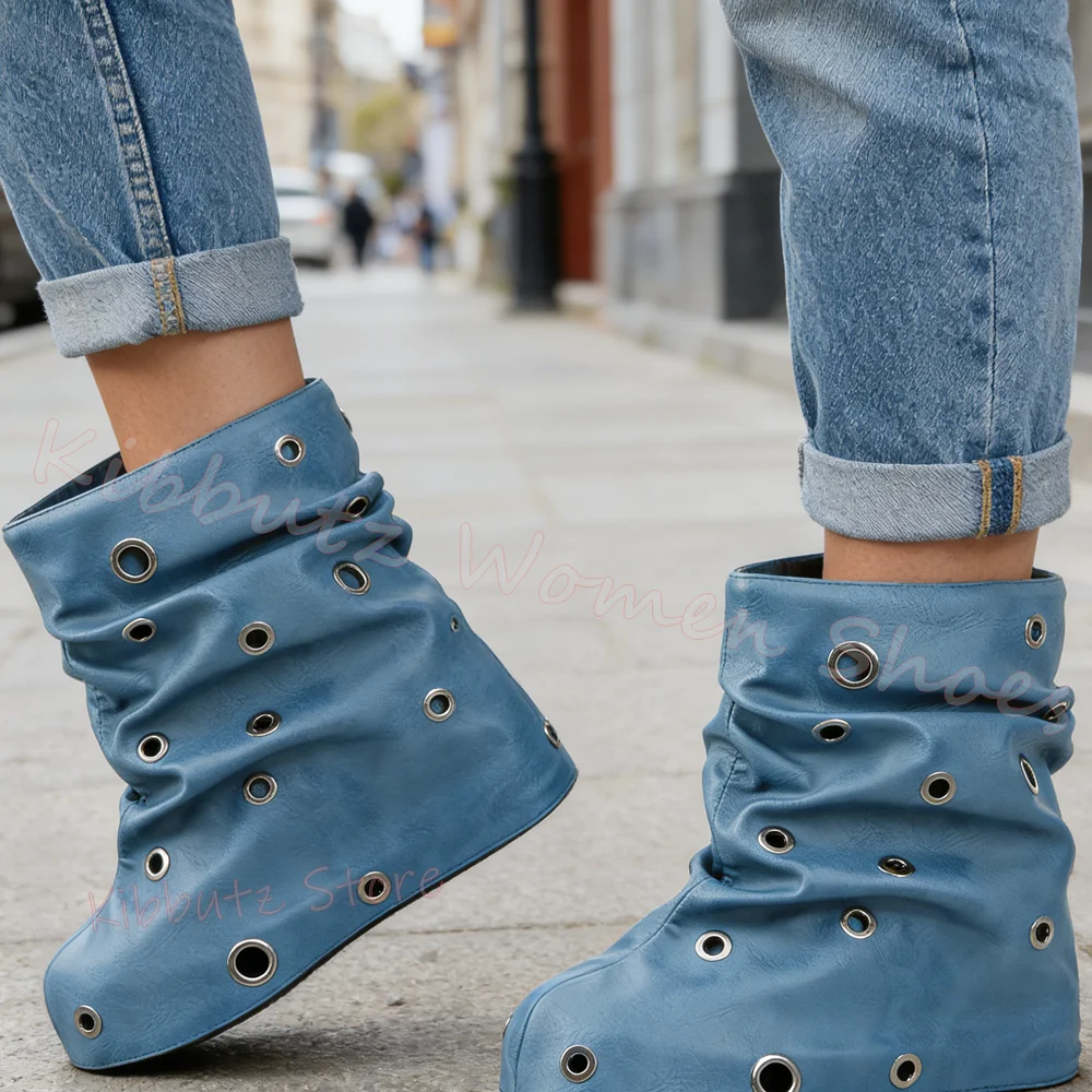 Botines de plataforma con ojales para mujer, estilo vintage, punta redonda, de cuero fruncido, moda boho urbana, zapatos de cuero nuevos