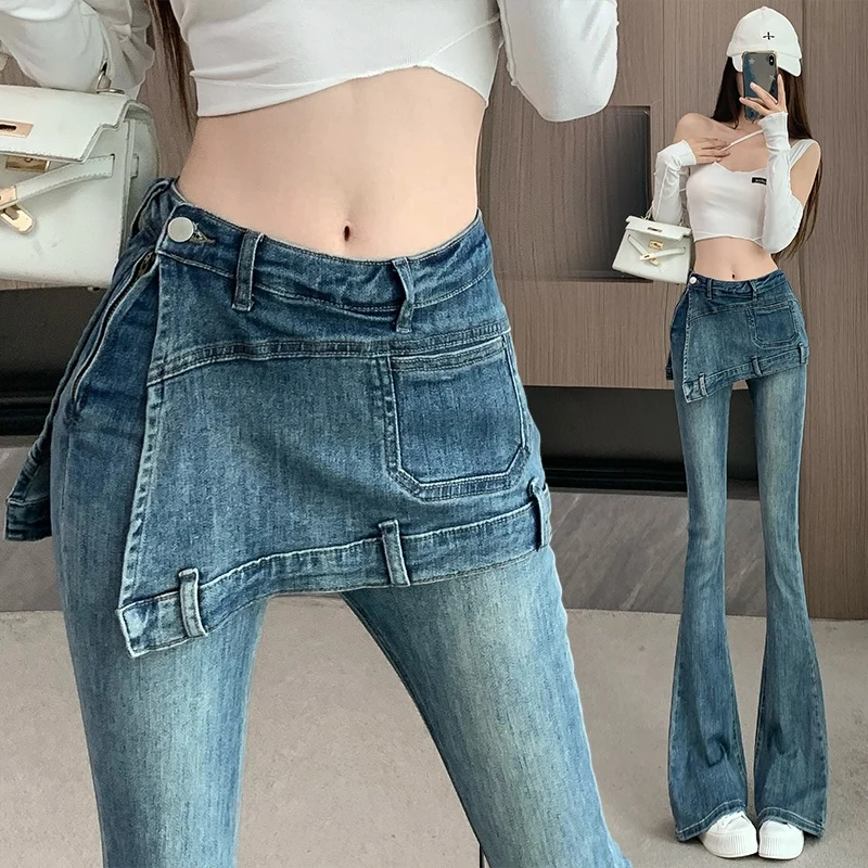 

2024 New Bottoms Chic Fake Y2k Jeans Streetwear Vintage Flare Pants for Women Casual High Waisted Denim Trousers Pantalon Femme