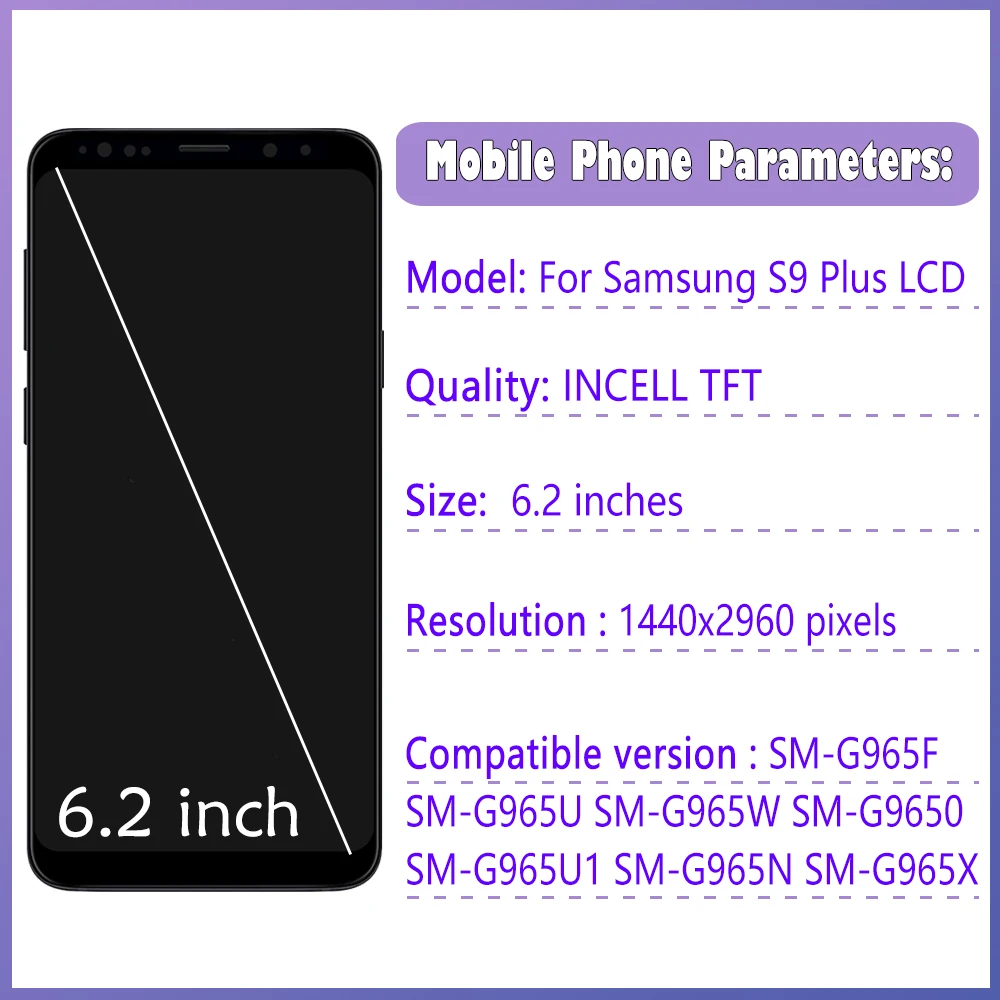 High Quality TFT For Samsung S9 Plus G965F LCD Display Touch Screen For S9+ G965 G965U Display Replace With Frame