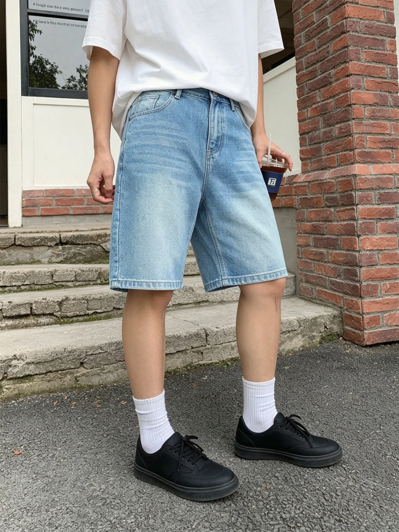 

Relaxed Washed Blue Loose Denim Jorts Male Non Elastic Simple Plain Style Breathable All‑Day Outdoor Summer Daily Outfits