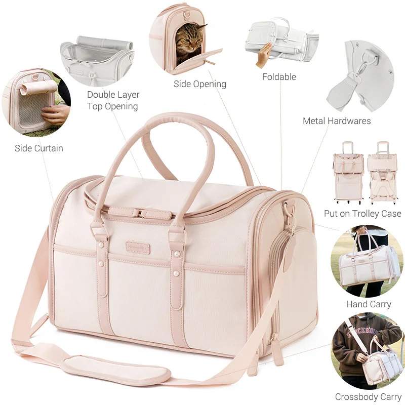 Luxury Pet Carrier Bag For Small Dogs Nude Pink Portable Foldable Dog Travel Tote Bag Breathable Anti-Scratch Oxofrd Pet Handbag