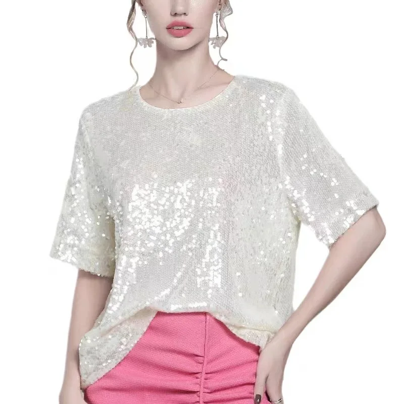 Trend Shiny Sequin Summer Short-sleeved T-shirt Women's Top Tshirt Performance Wear Loose Vintage Goth Harajuku Shirts for Women