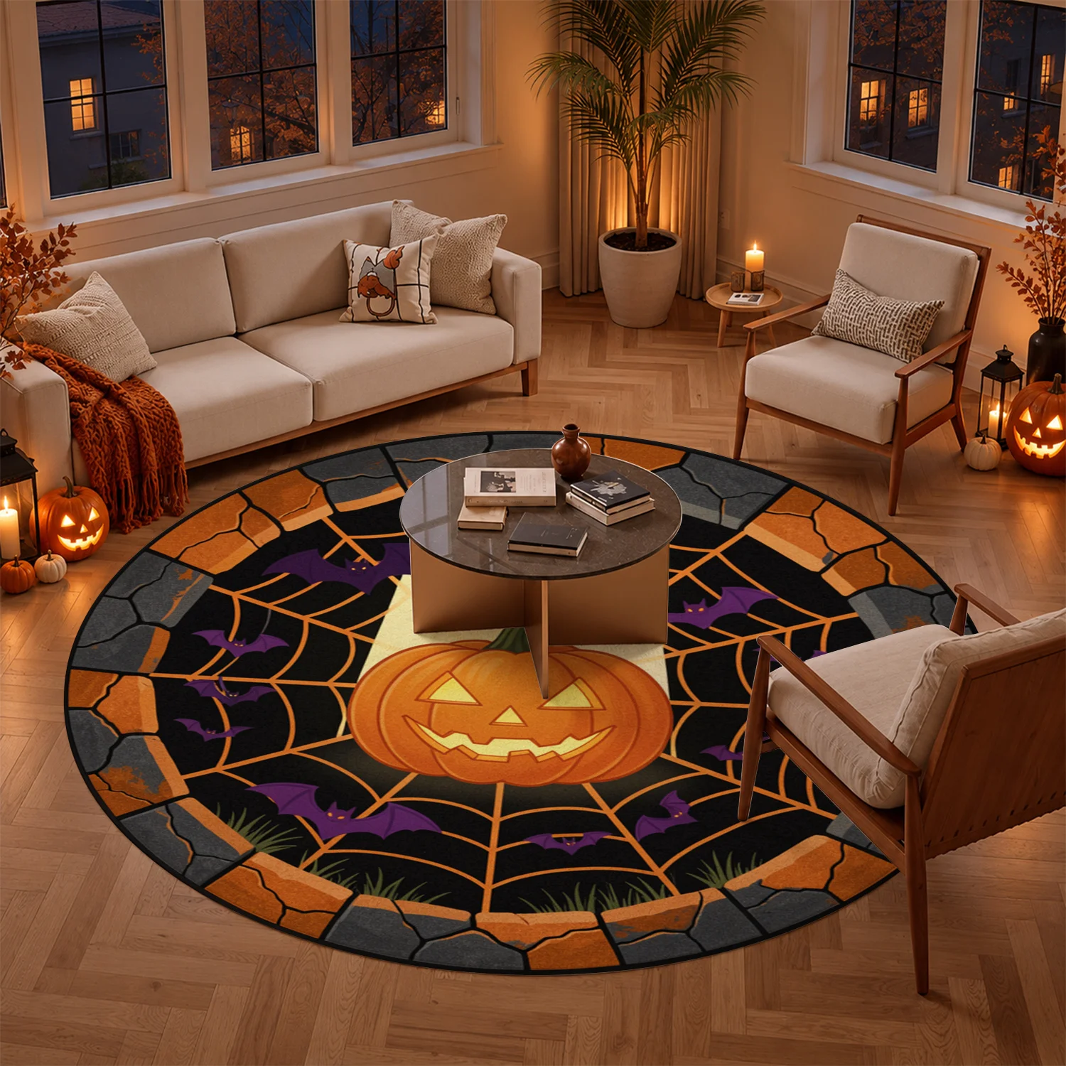 Round Halloween Jack-o'-lantern Bat Spider Web Print Velvet Area Rug, Machine Washable Soft Plush Floor Rug for Living Room Bedroom Entryway, Ideal for Halloween Thanksgiving Christmas New Year Black Friday Cyber Monday Decor
