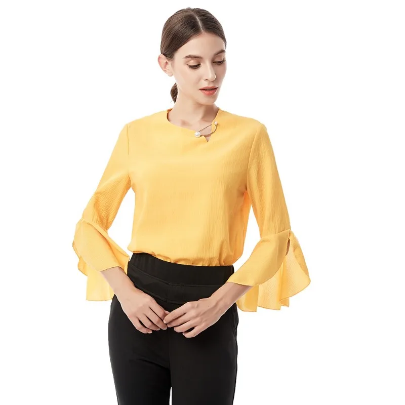 Women Chiffon Ruffles Blouse Flare Sleeve Shirt Women Round Neck Casual Womens Summer Tops And Blouses