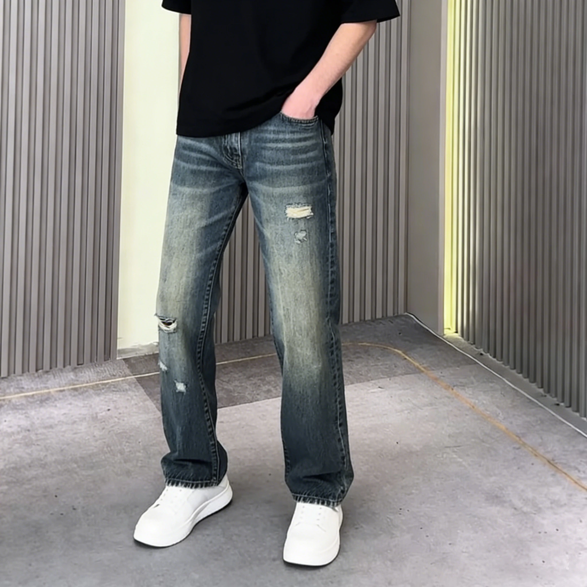 

Мужские джинсы в стиле High Street с эффектом потертости, ретро-деним, свободные прямые брюки, стройнящие, уличная мода, хип-хоп, повседневные брюки