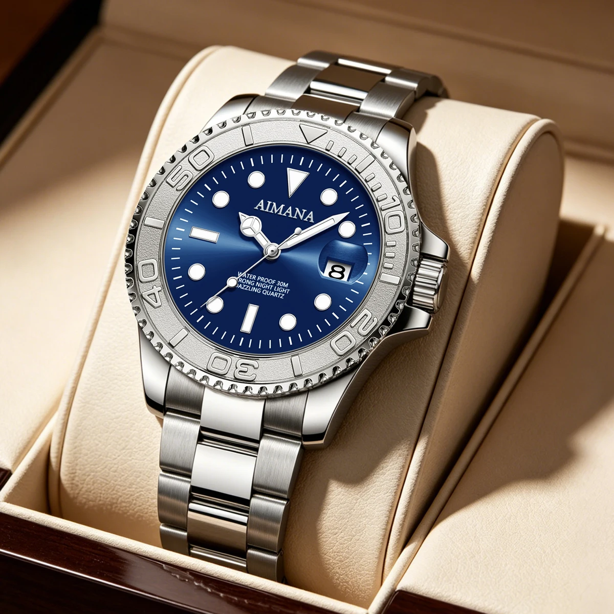 AIMANA Men Dive Quartz Watch Blue Dial Luminous Hand Date Calendar 30M Waterproof Sports Wristwatch Stainless Steel Strap Busine