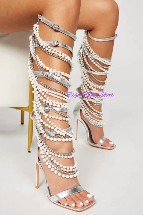 Rhinestones Pearl Chain High Heels for Women Silver Square Toe Cross Strap Sandals Summer Sexy Hollow Back Zipper Party Shoes