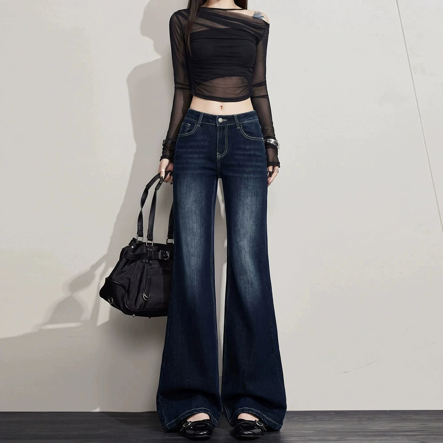 Deep Blue High Waist Straight Leg Jeans Women's Autumn New Style Wear Resistant Cotton Stretch Denim Bell Bottoms