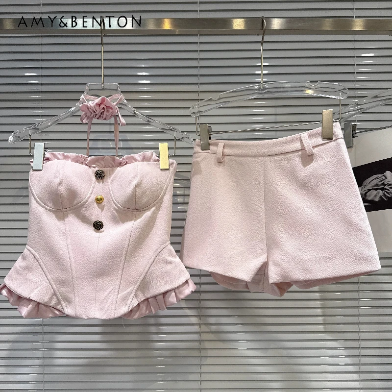 

Women's Shorts Set 2026 Summer New Pink Flower Strap Fold Tube Top Women's Vest Sweet Temperament Trouser Skirts Sets Ladies