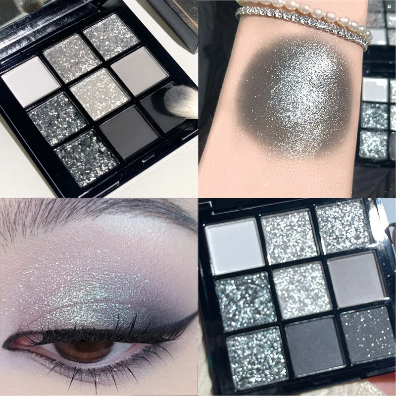 Pearlescent Gray Black Eyeshadow Palette Sequin Glitter Matte Cool Toned Punk Smokey Eye Pigment Long Lasting Party Eyes Makeup