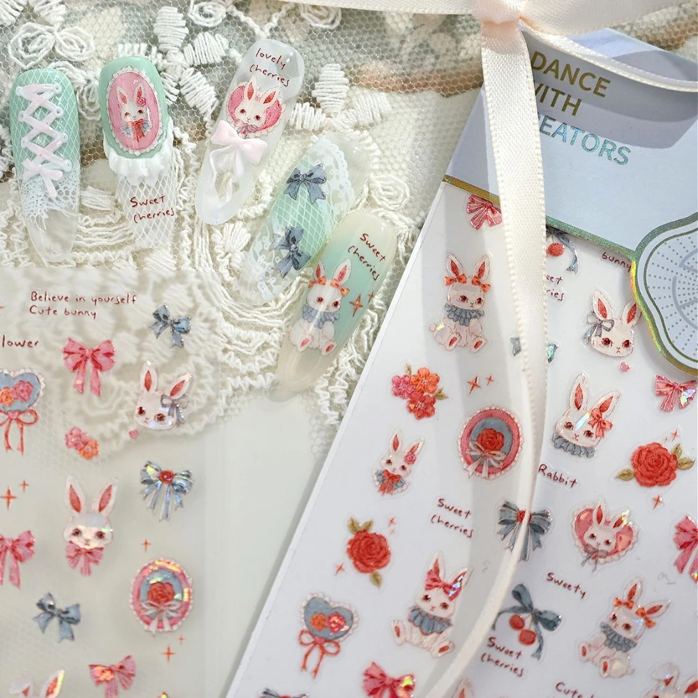 Lovely Rose Flowers Bowknot Lace Cherry Rabbit Shiny 5D Embossed Self Adhesive Nail Art Stickers Cute Bunny 3D Manicure Decals