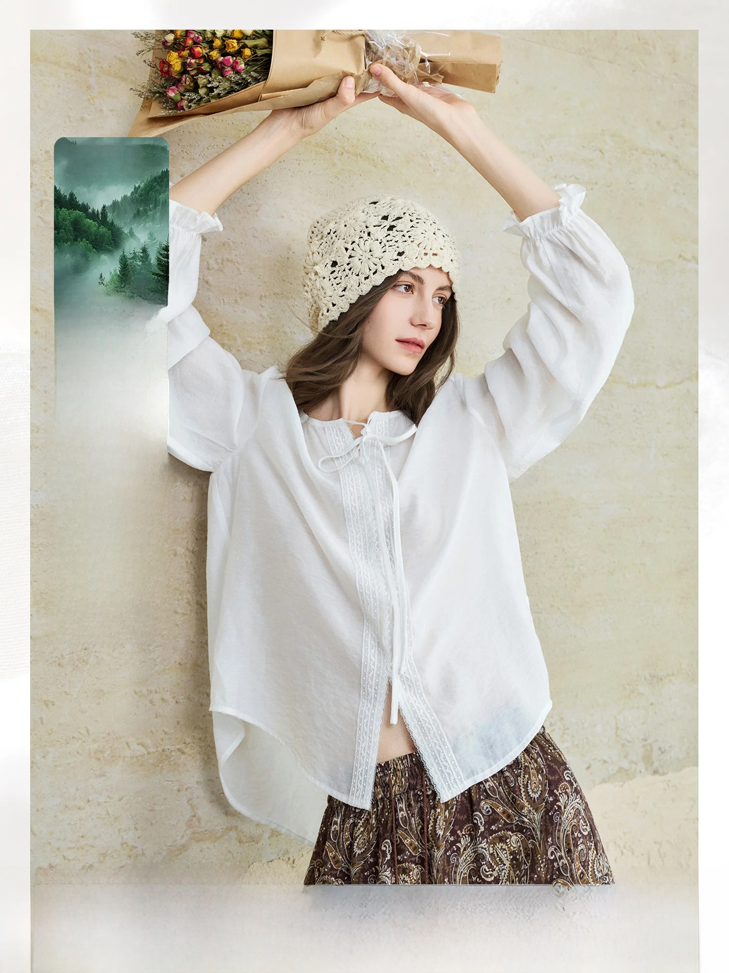 

Heidi Holiday Women's Shirt Pumpkin Valley Lace Sleeve Long Sleeve round Neck Pure Color French Style Breathable Lyrical Coat