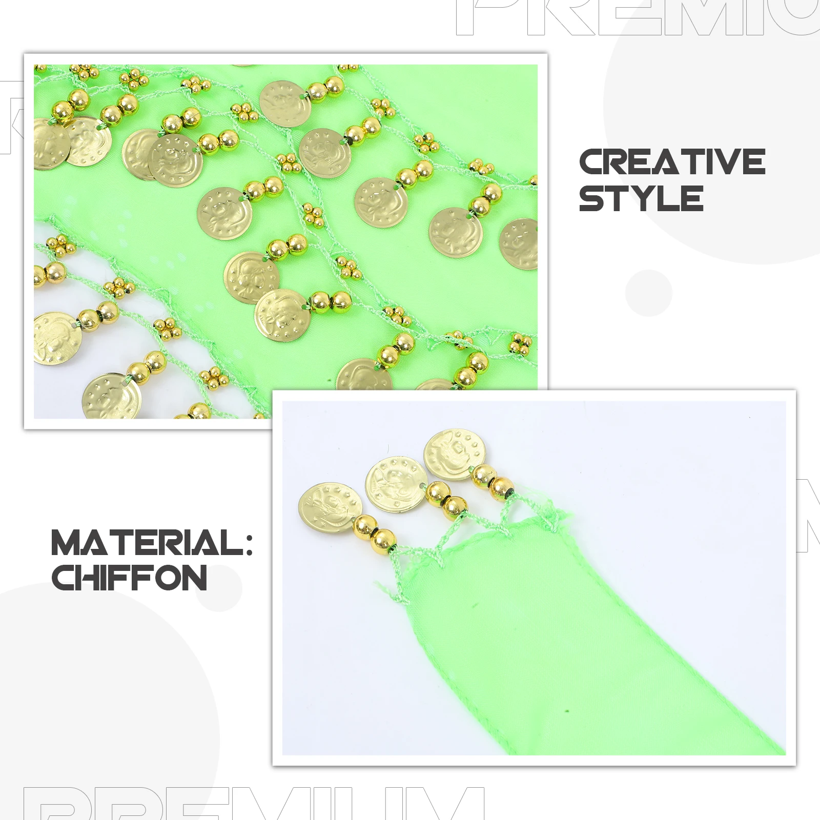 128 동전이있는 시폰 힙 스카프 화이트 미니 스커트 여성 코인 댄스 밸리 스커트 할로윈 파티 축제를위한 액세서리 / 댄스