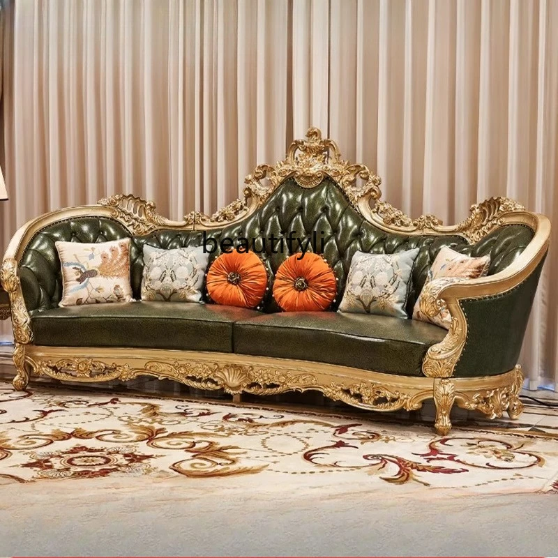 

Luxury Gold-Embossed Sofa European and American Solid Wood Genuine Leather Carved Top Layer Cowhide Furniture for Living Room