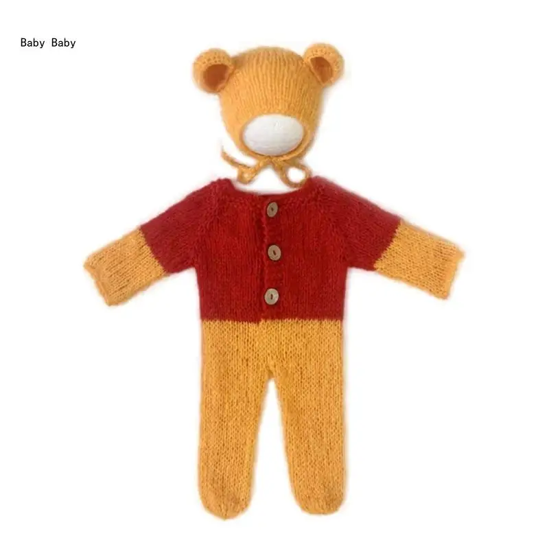 

2pcs/set Newborn Photography Props Outfits Mohair Bear Hat & Footed Romper for Baby Photo Props Bodysuit Newborn Photo Q81A