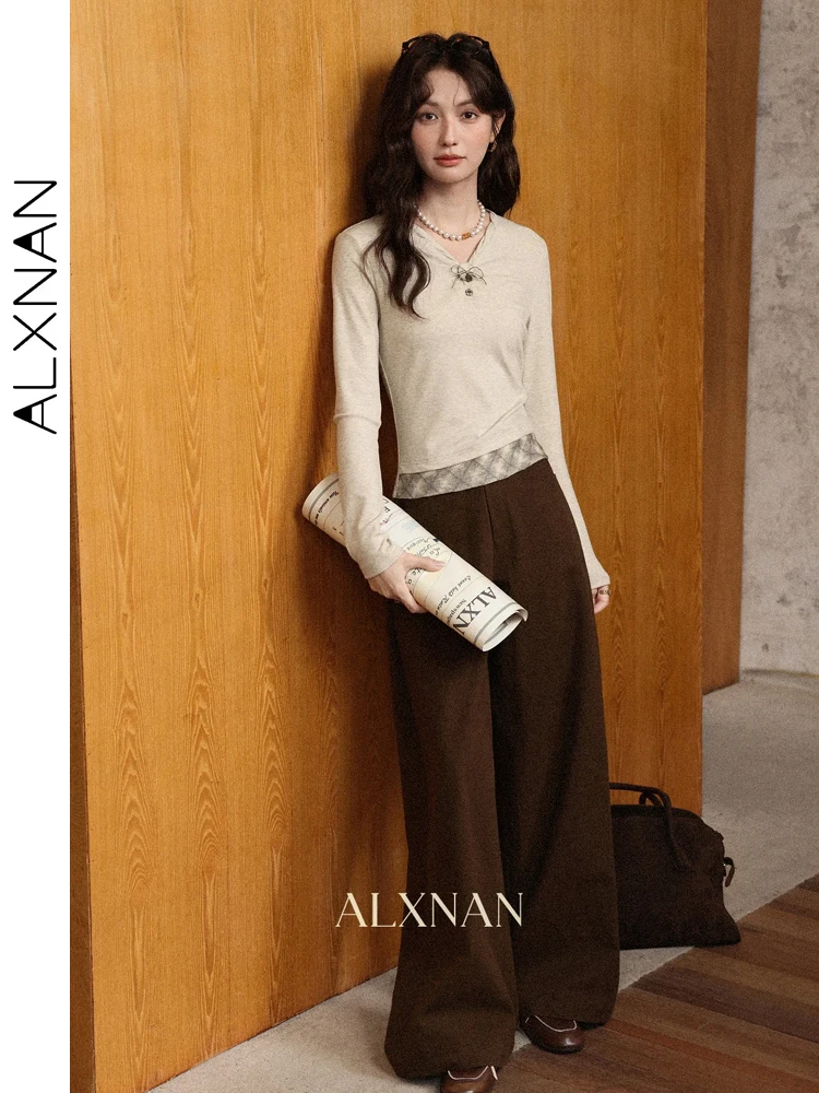 ALXNAN Women's Brown Pants 100% Cotton Wide Leg Straight Pants 2025 Office Lady Casual Loose fit Baggy Female Trousers L57183