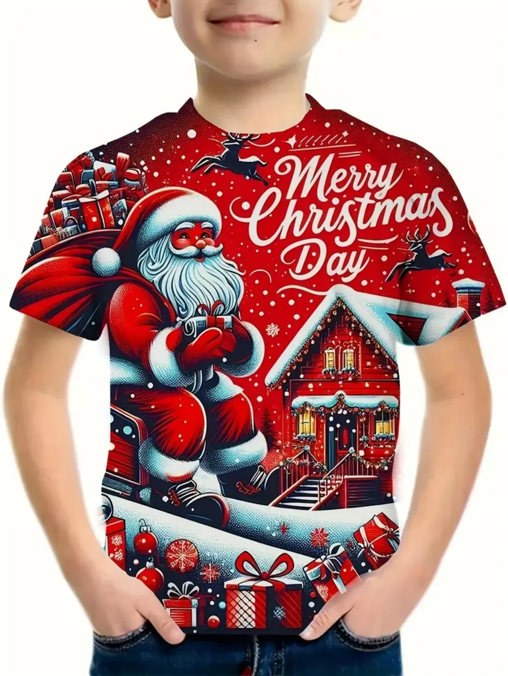Roupas infantis papai noel impressão 3d camisetas para meninos manga curta criança camiseta natal casual meninas roupas de verão topos