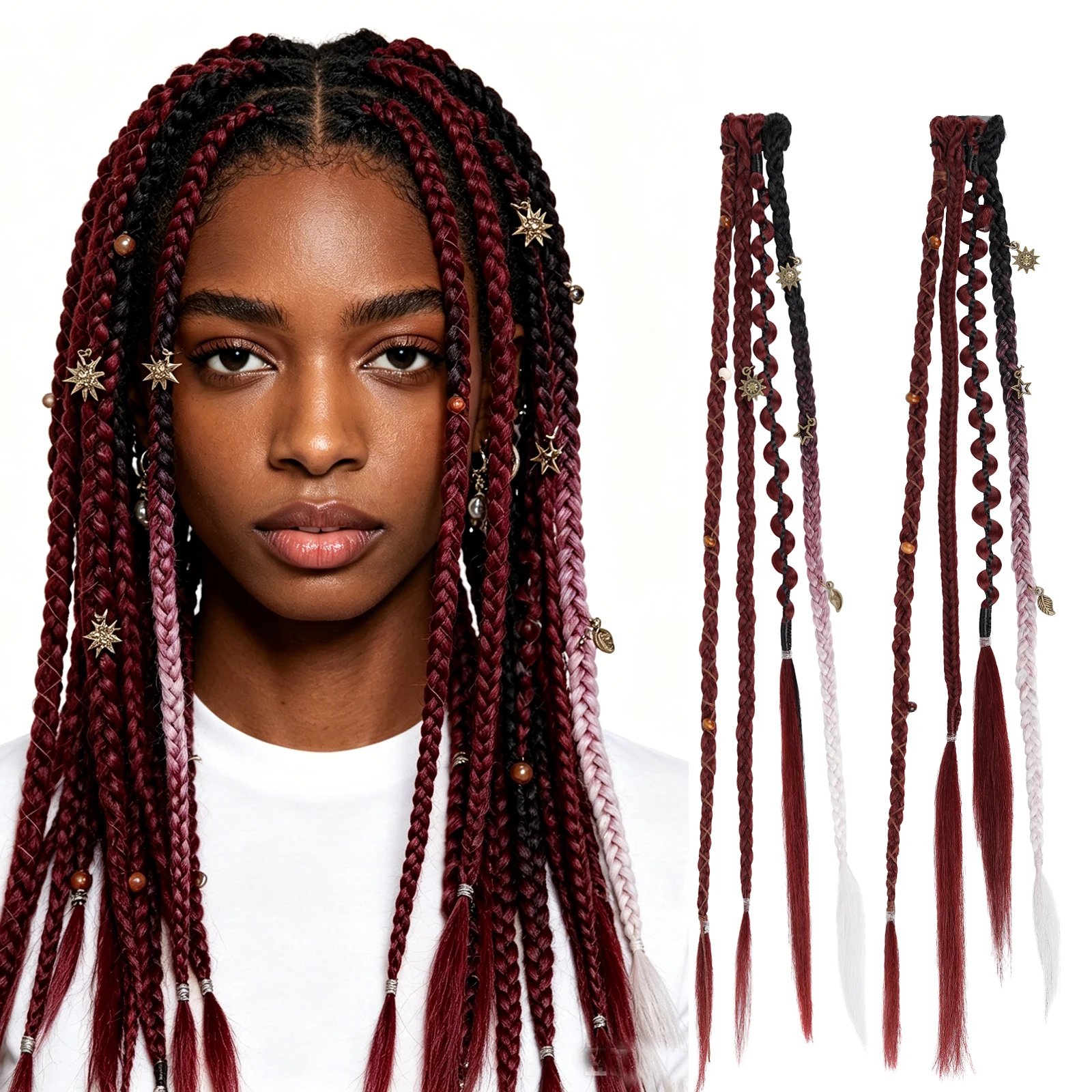 2PCS Bohemian Clip In Box Braids Synthetic Hair Pieces 16-20Inch Pendant Beaded Braided Tassel Hair for Rave Halloween Cosplay
