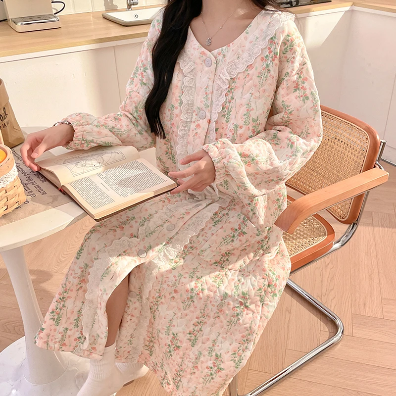 4XL Sweet Winter Lace Cotton Padded Nursing Night Dress Maternity Fall Loose Warm Feeding Sleepwear Pregnancy Homewear Hospital