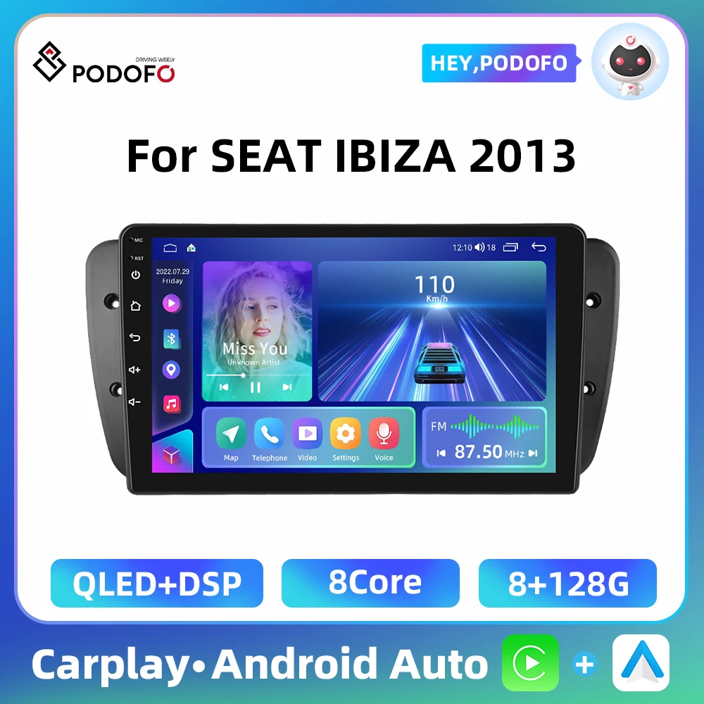 Podofo 2 Din Carplay Car Radio For SEAT IBIZA 2013 Android Auto 4G WIFI DSP Bluetooth GPS Navigation 8+128GB Car Screen Player