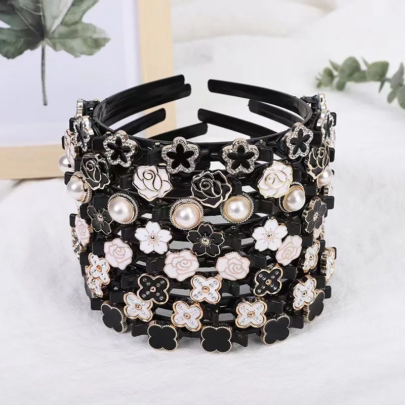 New Summer Shattered Hair Sorting Tool with Bangs Fixed Hair Clip Pearl Braided Lazy Person Woven Women's Face Wash Sports Hoop