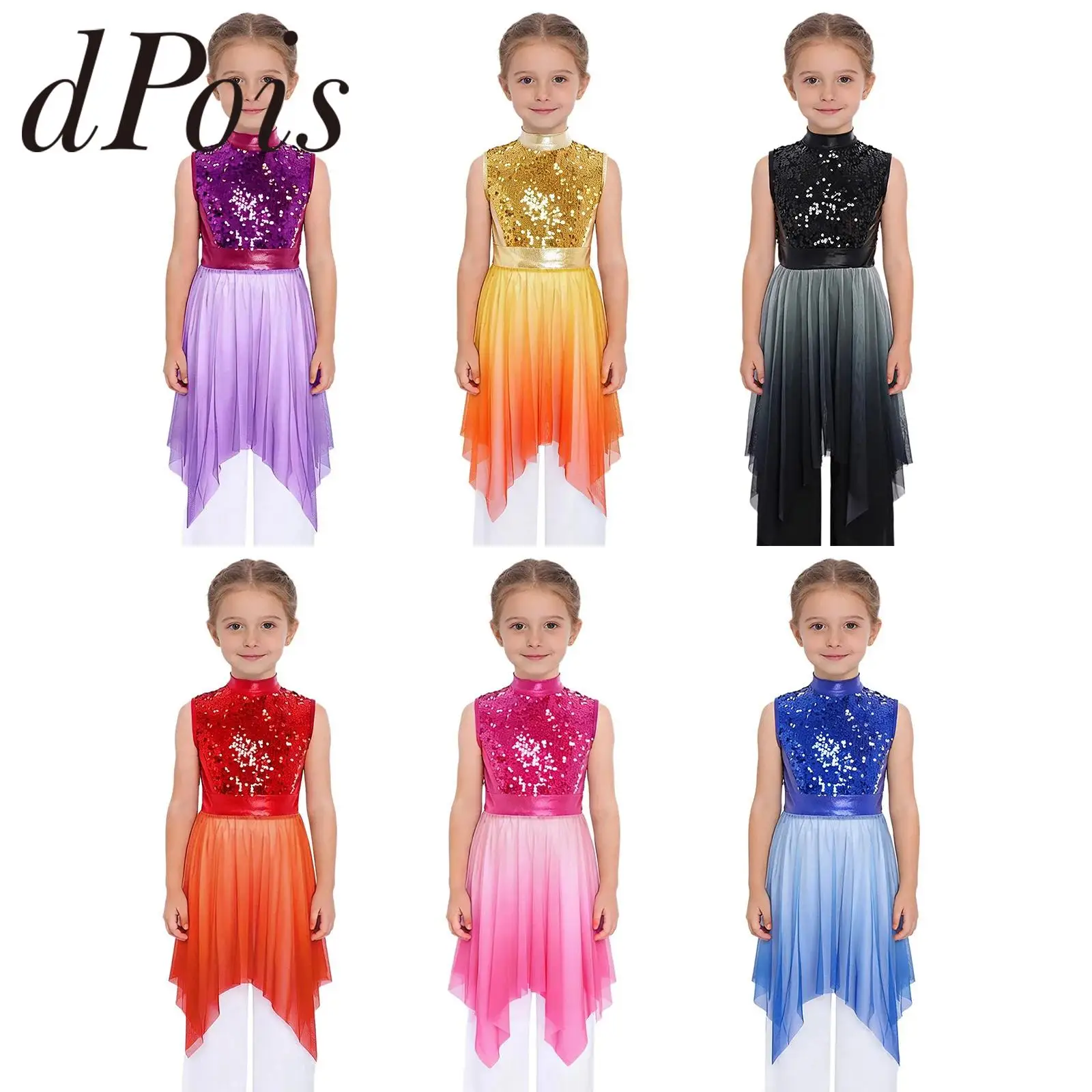 Children Sequins Liturgical Lyrical Dance Costume Girls Worship Praise Tunic Dresses Shiny Kids Modern Contemporary Dancewear