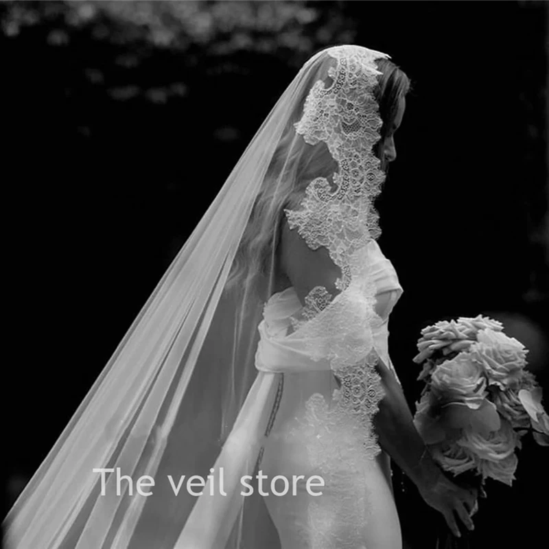 Marfim mantilla casamento véus de noiva catedral acessórios longos para noivas renda guarnição borda tule único vintage espanhol único
