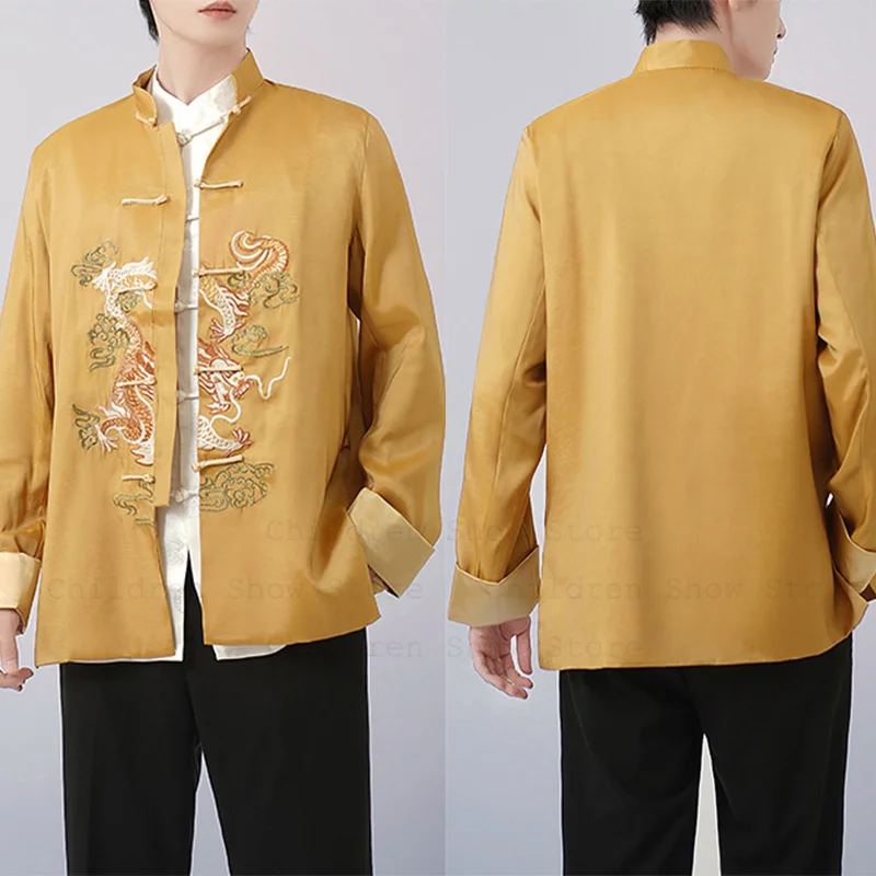 

Традиционный топ в китайском стиле, мужская куртка ханьфу с вышивкой дракона, кунг-фу, тай-чи, костюм с длинными рукавами, одежда Тан, рубашка Chesongam