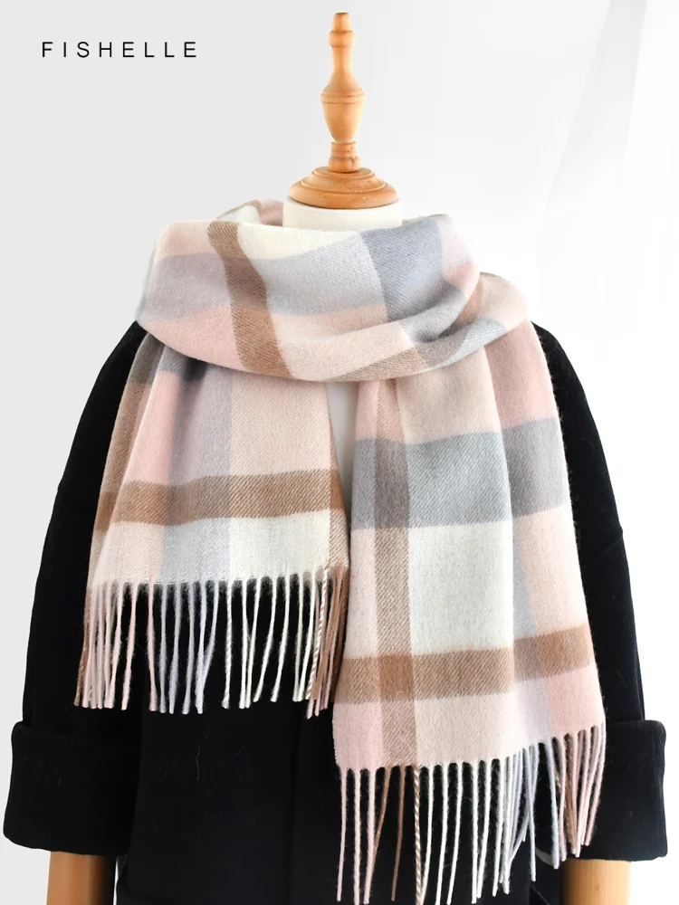 

Pink plaid 100% wool scarf autumn winter for women's wraps soft warm men scarves shawl thin lady luxury gifts british style