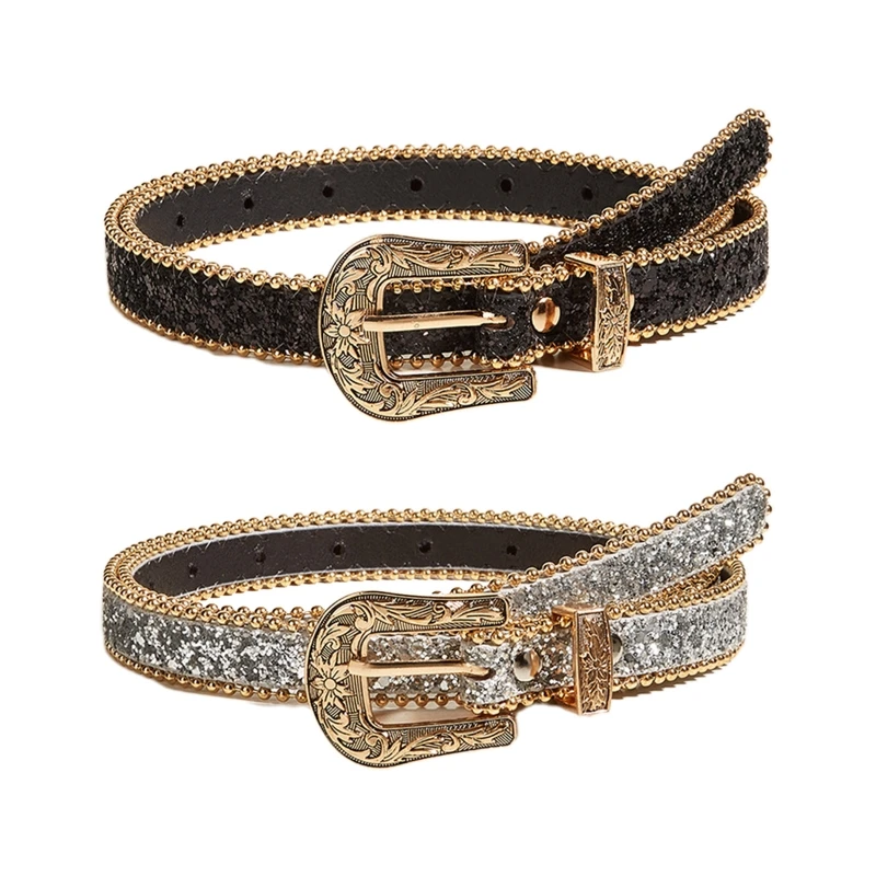 

Shinning Sequins Belts Women PU Leather Western Y2K Girls Belt for Jeans Men Dropship