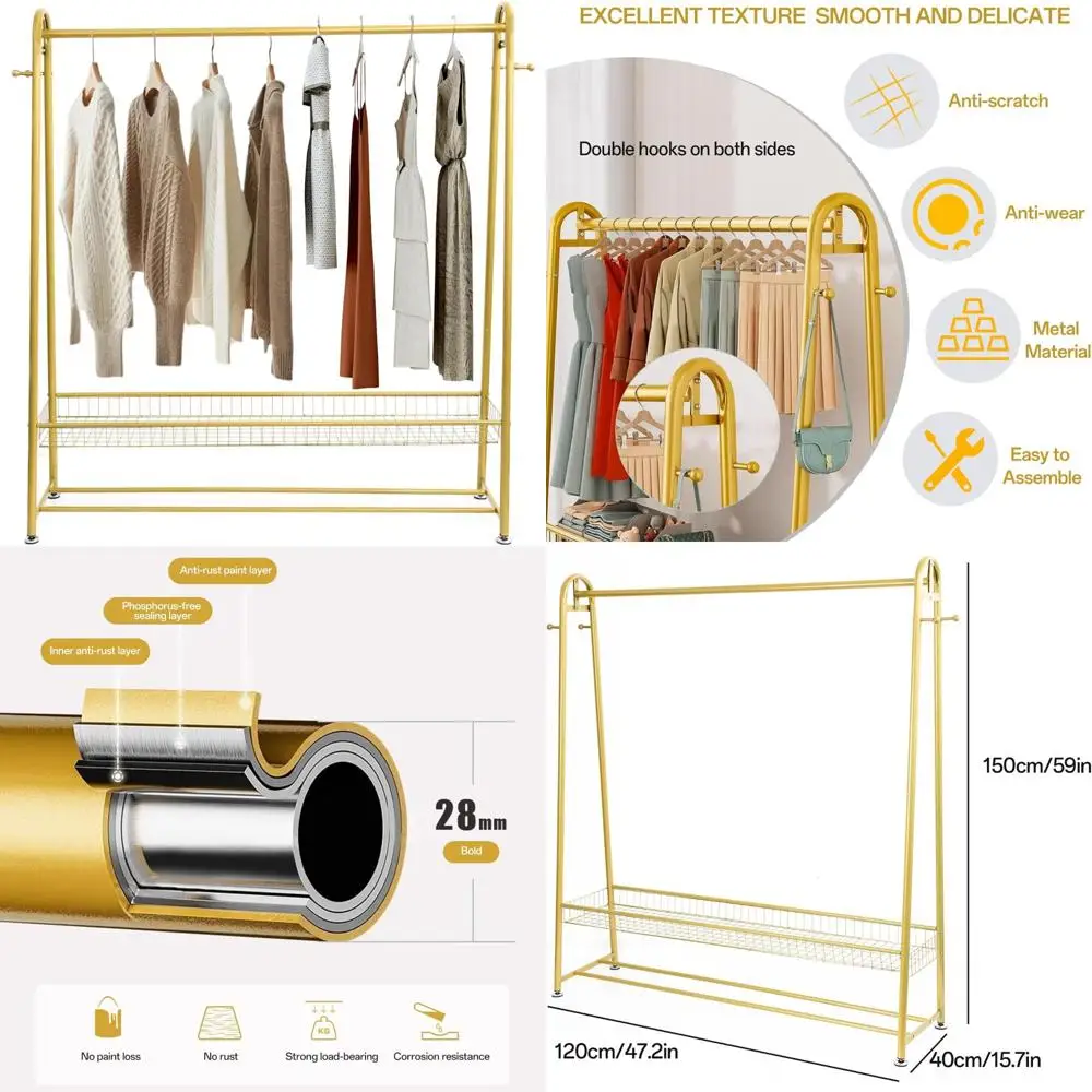 

Portable Heavy-Duty Clothes Rack - 300 lbs Capacity, Freestanding Wardrobe Organizer with Basket for Laundry Room Storage Soluti