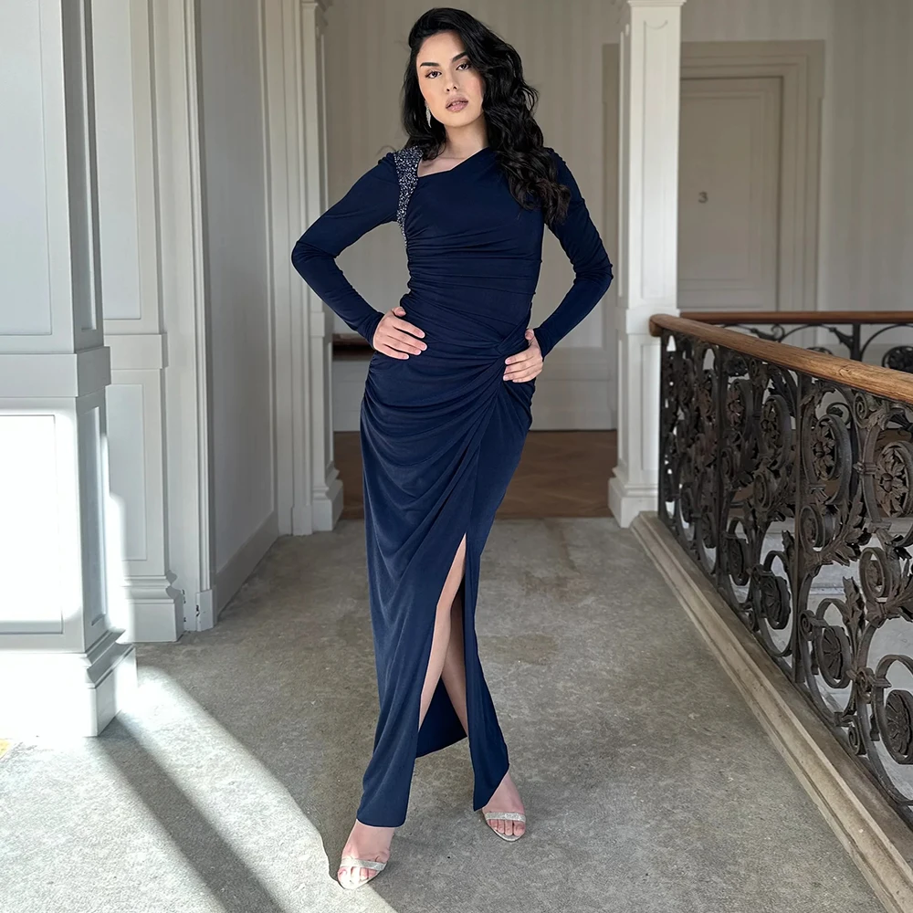 

Dubai Navy Blue One Shoulder Beading Straight Evening Dress Customized Saudi Pleat Long Sleeves Ankle Length Wedding Party Dress