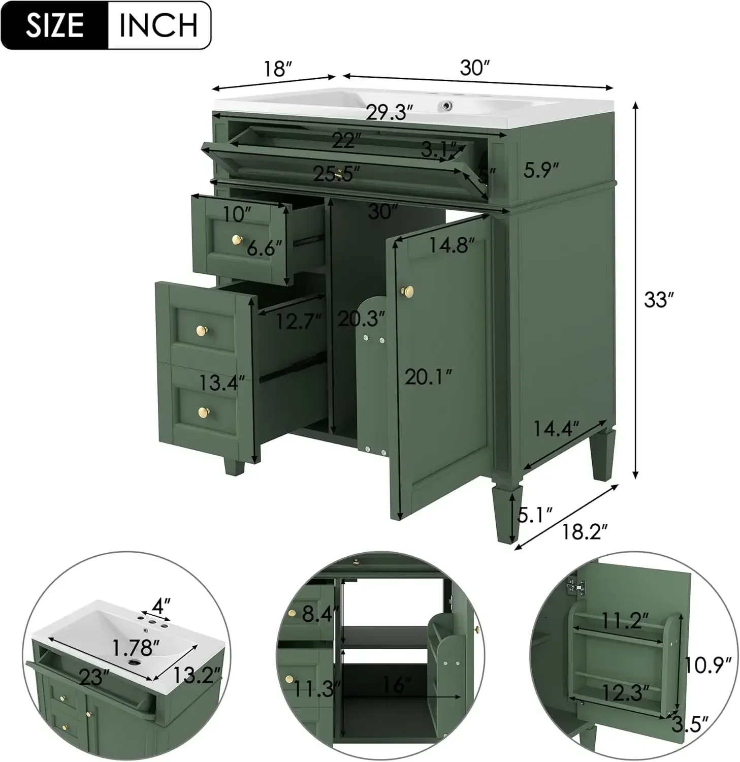 Meja rias kamar mandi 30 "dengan wastafel tunggal, kabinet penyimpanan kamar mandi Modern dengan 2 laci bingkai kayu Solid hijau