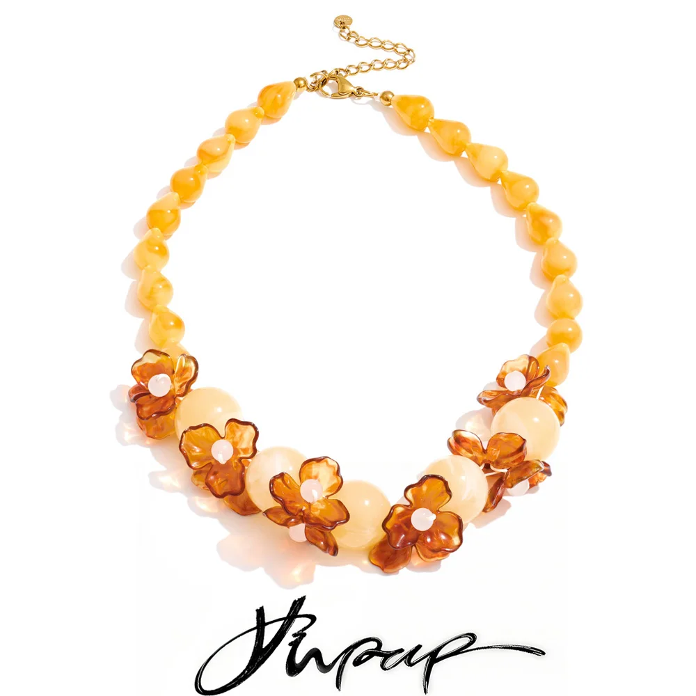 Yhpup Neue Handgemachte Schmuck Frühling Farbe Harz Acryl Blume Runde Perlen Kette Süße Halskette Wasserdicht Mode Zubehör