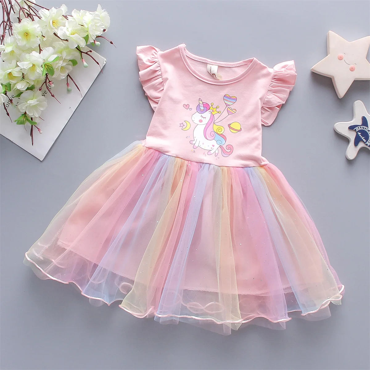 Girl\'s dress summer dress baby girl children\'s trendy cartoon rainbow pony mesh short sleeved princess dress