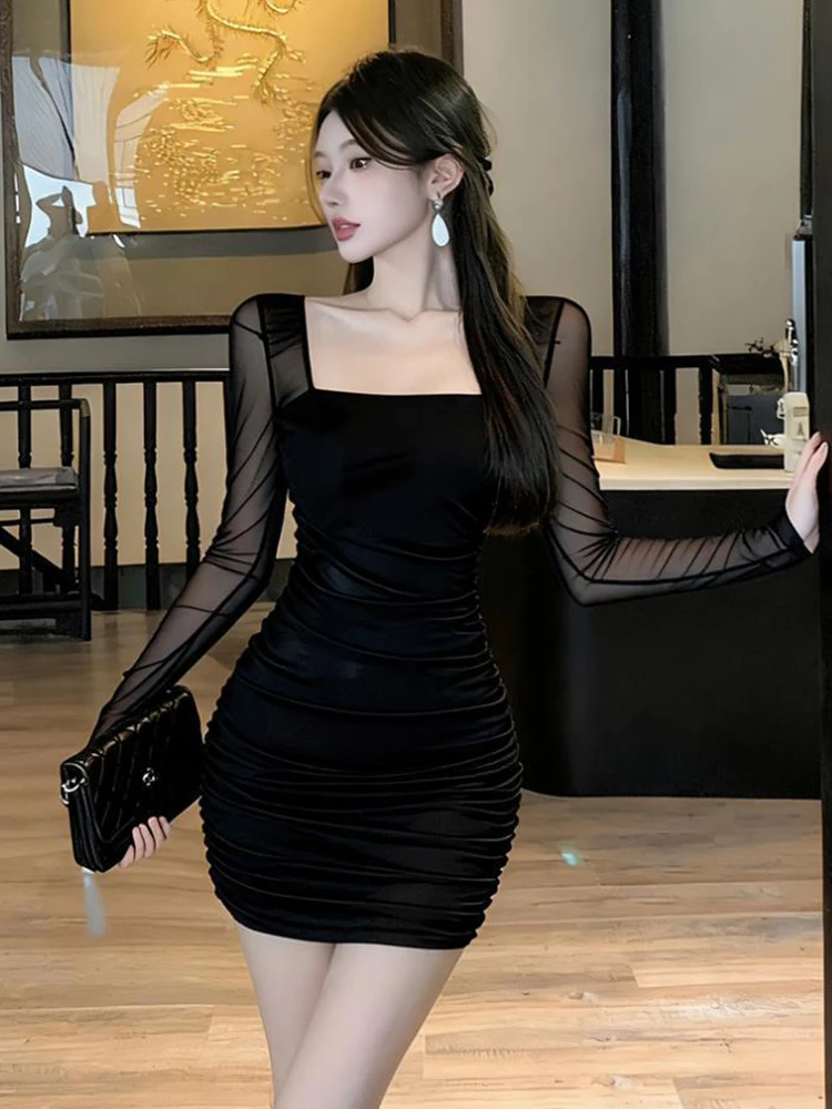เดรสสั้นรัดรูปผ้าทูลล์สีดำสำหรับผู้หญิง แขนจีบ คอเหลี่ยม ทรงเข้ารูป เซ็กซี่ เหมาะสำหรับงานปาร์ตี้ คลับ งานพรอม แฟชั่นใหม่สำหรับสุภาพสตรี