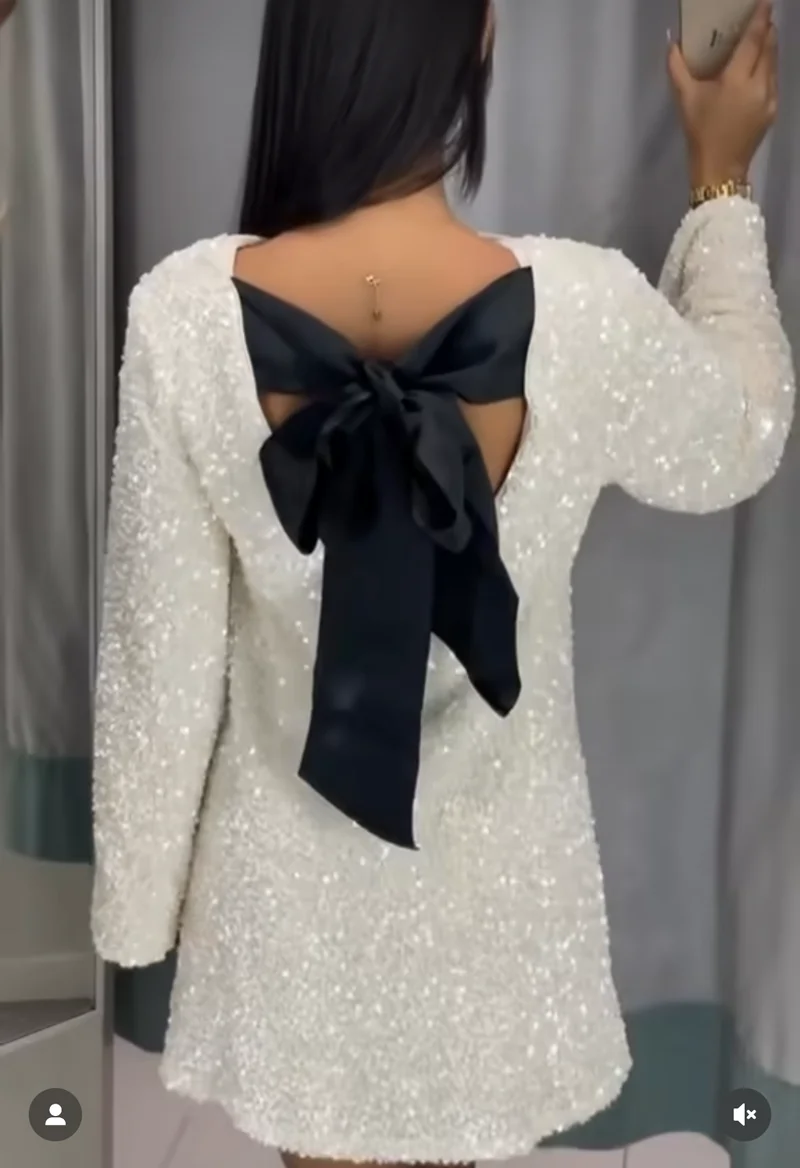Frauen Vintage Zurück Mit Schleife Damen Kleider Solide Pailletten Oansatz Langarm Mini Party Abendkleid Frauen kleidung
