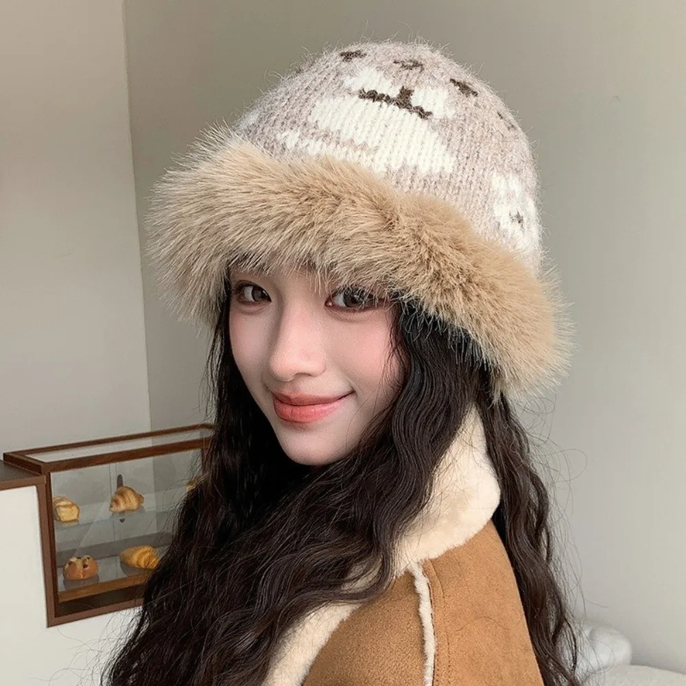 Polyester Fuzzy Bucket Hat 56cm to 58cm Large Head Circumference Earflap Hat Fair Isle Pattern Cold Proof Ear Protection Cap