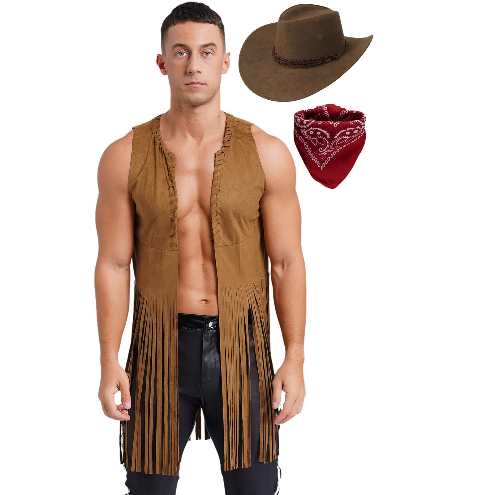 Mens Western Cowboy Halloween Costume Set Open Front Fringe Long Waistcoat Cowboy Hat and Bandanna Suit for Carnival Theme Party