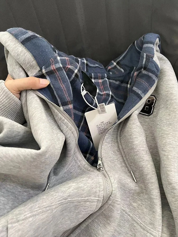 

American Retro Plaid Hooded ey Open Cardigan Sweatirt Women Spring Autumn Oversize Loose Trendy High Street Jaet