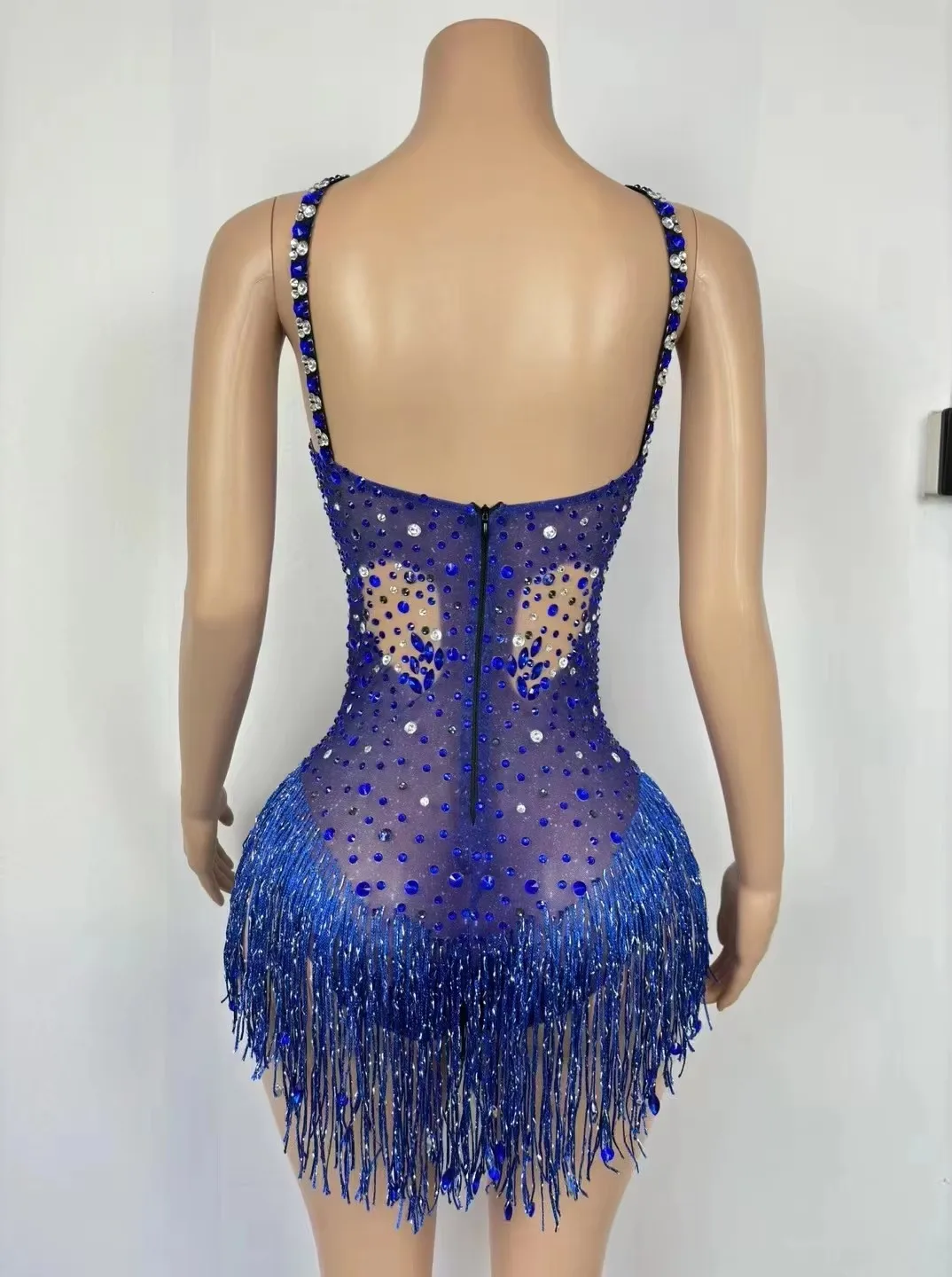 الأزرق الراين هامش ارتداءها المرأة مثير جوجو ملابس رقص كريستال شرابة يوتار الهذيان الزي بار ملهى ليلي تظهر المرحلة ارتداء