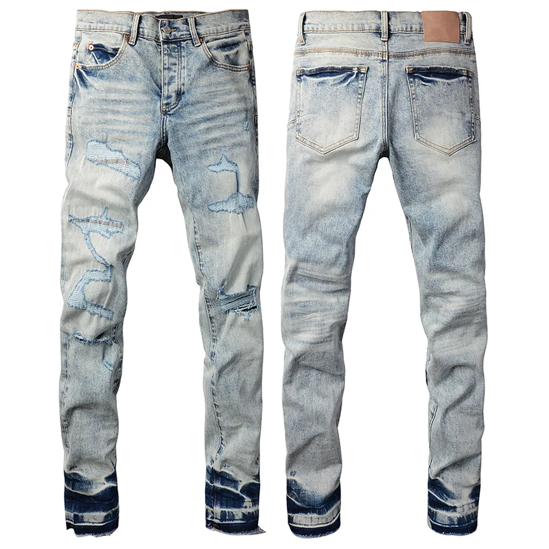 

Light Blue PUR Jeans American High Street Trend Brand Ripped Jeans Men's Daily Casual Stretch Tight Pencil Pants