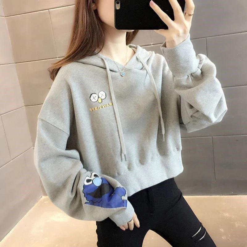 2024 New White Short Hooded Sweatshirt Women\'s Spring and Autumn Thin Long Sleeve T-shirt Loose Top Trendy Women